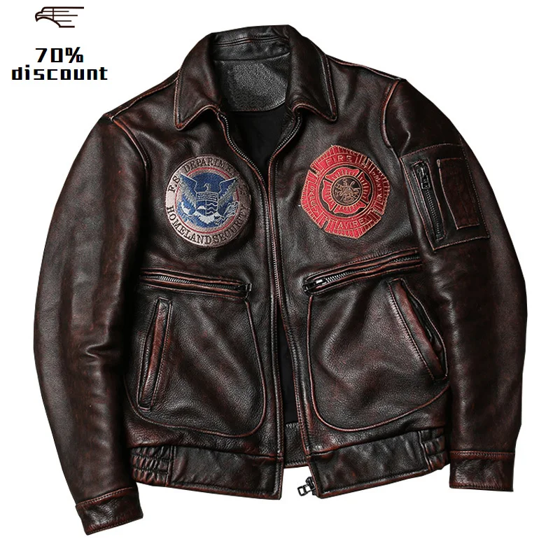 

2020 Retro Brown American Style Men Pilot Leather Jacket Large Size 5XL Genuine Cowhide Autumn Slim Fit Aviator Leather Coat