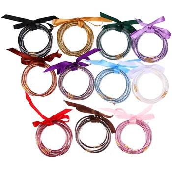 

Mulit-color Glitter Jelly Bangle Bracelet Set, Plastic with Gold Powder Lining Fashion Jewelry Lightweight Bracelets Women