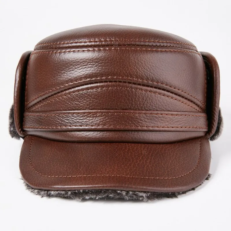 SILOQIN Men's Winter Bomber Hats Natural Genuine Leather Caps for Men gorras Fur Warm Earmuffs Hat Anti-cold Cowhide Leather Cap winter hat,fashion hat,fur hat,earflap hat