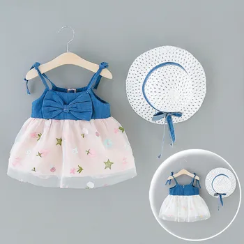 

2020 NEW Girls Dress Toddler Baby Girls Bowknot Denim Splice Star Print Tulle Princess Dress+Hat