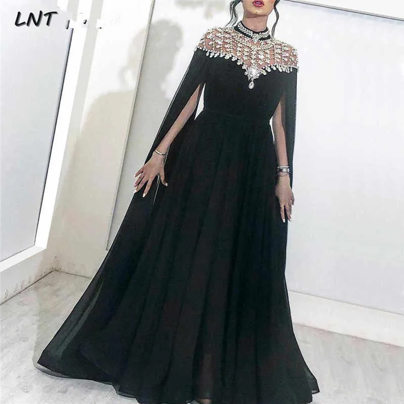 

Black Muslim Modest Evening Dresses Dubai Kftan Saudi Arabic Beaded Neck Formal Evening Gown Long