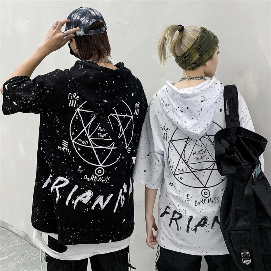 Harajuku футболка с капюшоном и буквенным принтом для мужчин и женщин, футболка с коротким рукавом, толстовка в стиле хип-хоп, уличная одежда, футболки, топы черного цвета, WG727