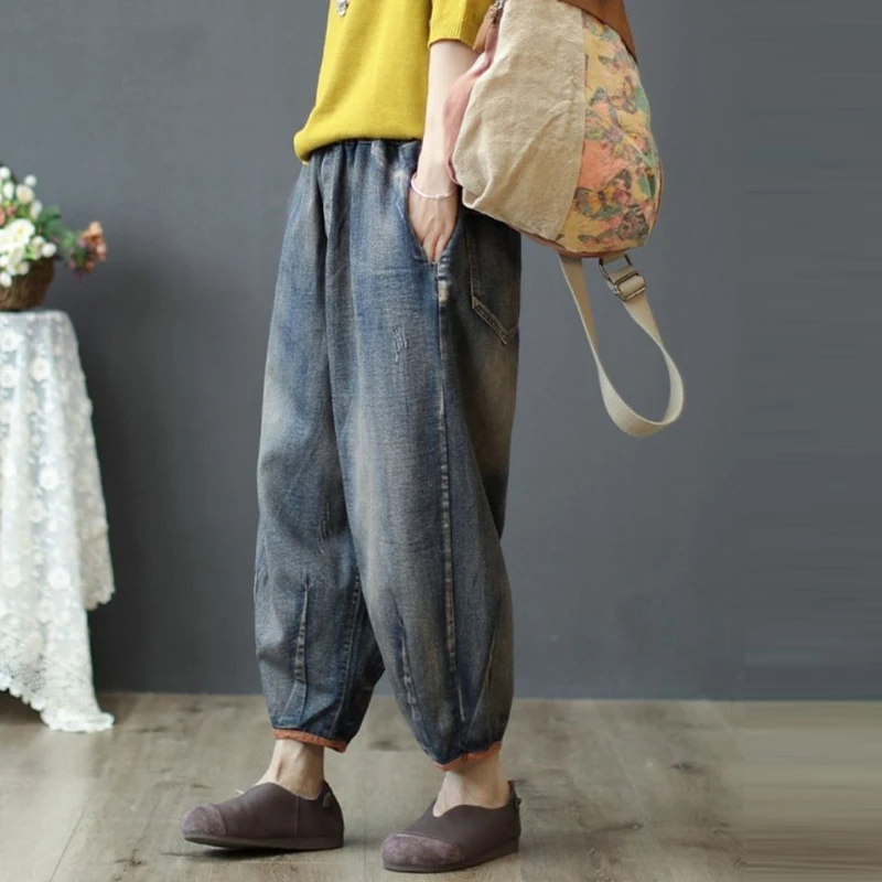 New Arrival Spring Autumn Arts Style Women Vintage Jeans Elastic Waist Loose Cotton Denim Harem Pants Casual Ladies S537 | Женская