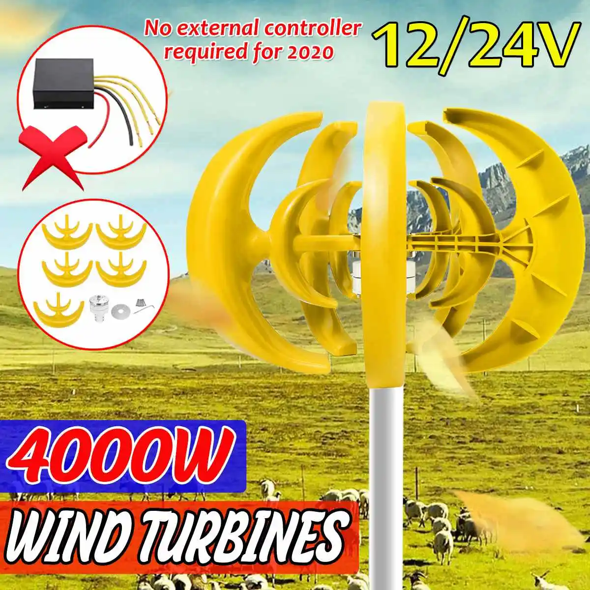 

12/24V Max 4000W 5 Blades Horizontal Home Wind Turbines Wind Generator Power Windmill Energy Turbines Charge for Home Camping