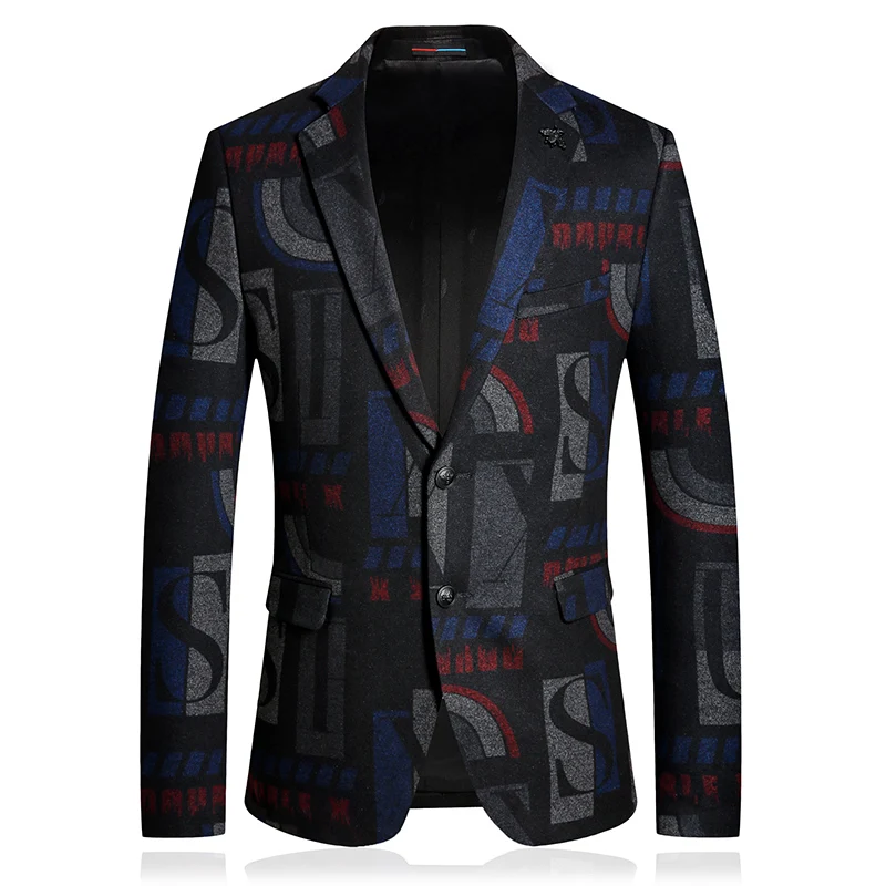 Wool Geometric Printing Men Blazer Hombre Casual Business Office Winter Suit Jacket Two-Buttons Wedding Slim Fit Coats Costume