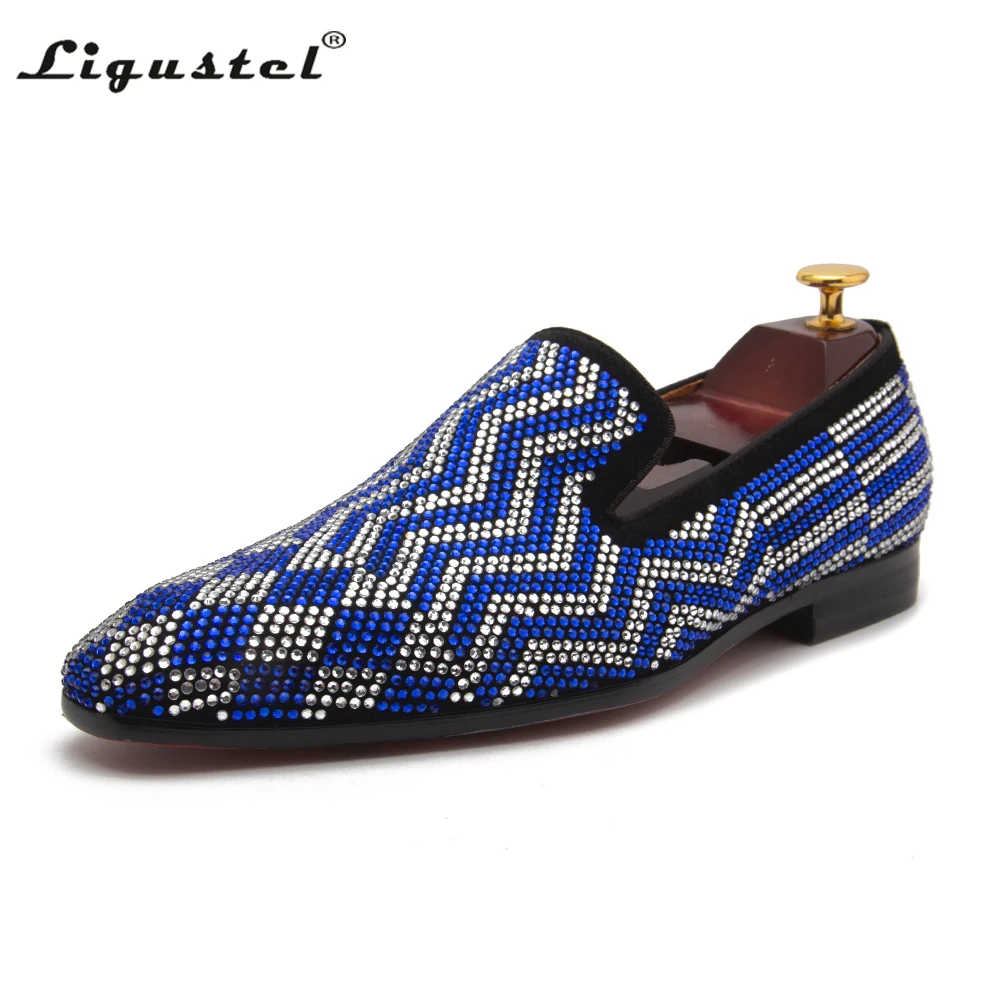 

Ligustel Designer Casual Shoes Men Rhinestones Loafers High Quality 2021 Formal Dress Prom Shoes Wedding Party Black Blue Shoes