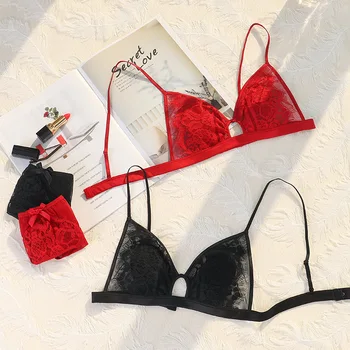 

French Women Lingerie Set Lace Sexy Underwear Padded Wireless Bralette See-through Pantie High Waist Underpanty Hollow Out Bras
