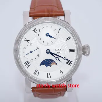 

Parnis 42mm white dial blue marks Moon Phase GMT function hand winding movement mechanical men's wrist watches