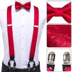 Hi-Tie 100% Silk Adult Men's Red Floral Wedding Suspender Bow Tie Set Vintage Men Fashion Leather Metal 6 Clips Suspender Braces
