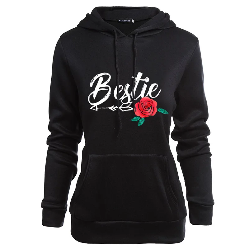 W25396BK Bff толстовка с цветочным принтом и буквенным принтом лучший друг Толстовка для женщин с длинным рукавом Толстовка с капюшоном Harajuku пуловер - Цвет: W25396BK