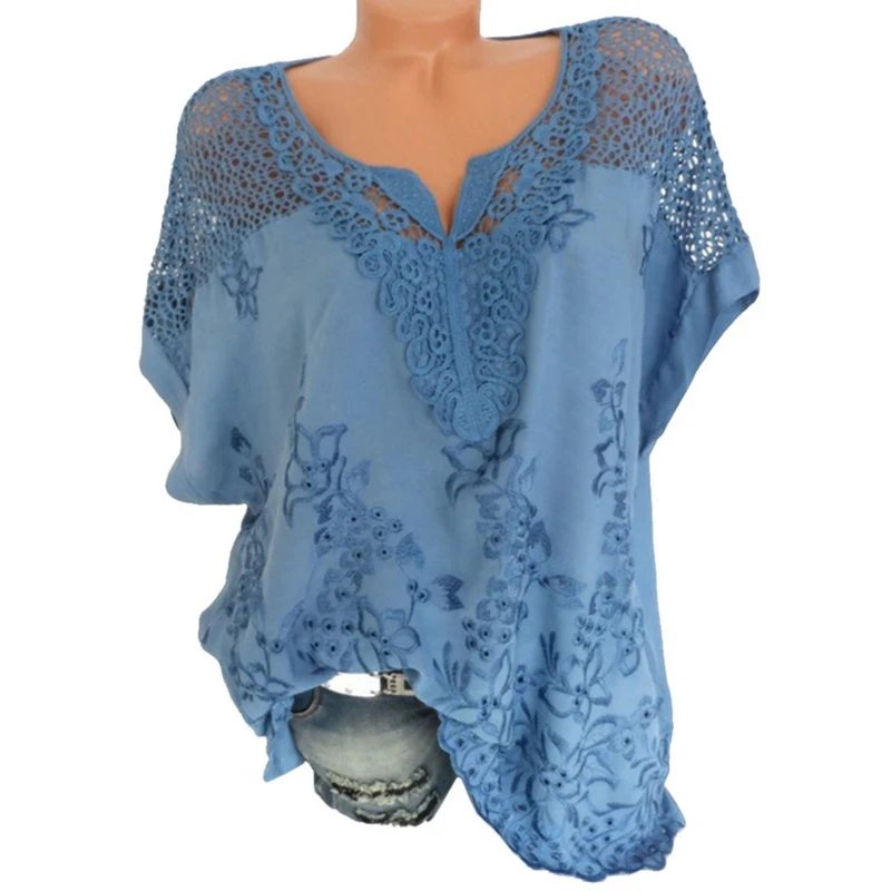 Blue SHUJIN 5XL размера плюс женская цветочная кружевная вязанная блуза сексуальная открытая рубашка Топ Повседневная летняя блузка с коротким рукавом Camisa - Цвет: Blue