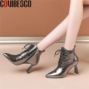 

COVIBESCO Women Ankle Boots Fashion Cross-Tied Autunm Winter 2020 Genuine Leather Pointed Toe Zip Office Lady Short Boots Woman