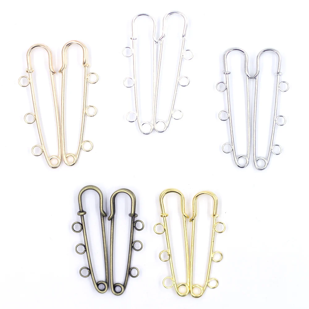 10pcs Safety Pins Brooches Connectors Alloy Bronze Gold Silver Plated 3 Holes For Jewelry Diy