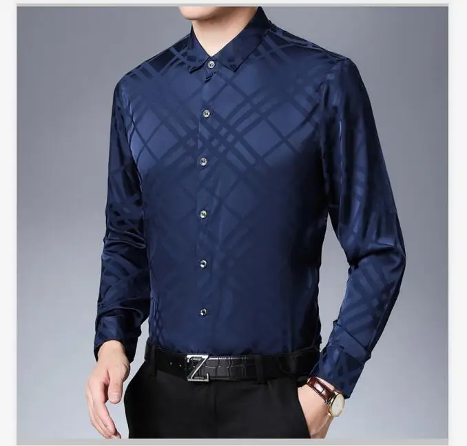 dark blue Новая Осенняя и весенняя Мужская рубашка из мягкого шелка, повседневная мужская модная полосатая Тонкая шелковая атласная рубашка с длинным рукавом - Цвет: dark blue