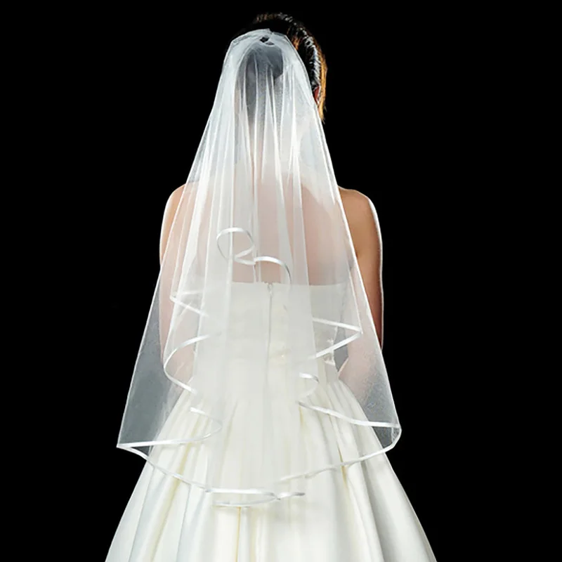 

NIXUANYUAN 2023 In Stock Two Layers White / Ivory Bridal Veil with Comb Ribbon Edge Wedding Dress Accessaries Cheap Simple Comb