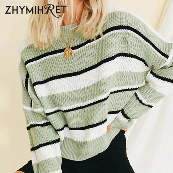 

ZHYMIHRET 2019 Autumn Winter Striped Knitted Women's Sweater Casual Long Sleeve O Neck Pullover Streetwear Chompas Para Mujer