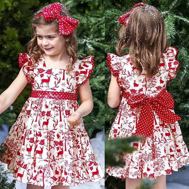 Милое рождественское праздничное платье-пачка с оленем и бантом для новорожденных девочек Рождественская одежда для маленьких девочек платье для девочек От 0 до 3 лет