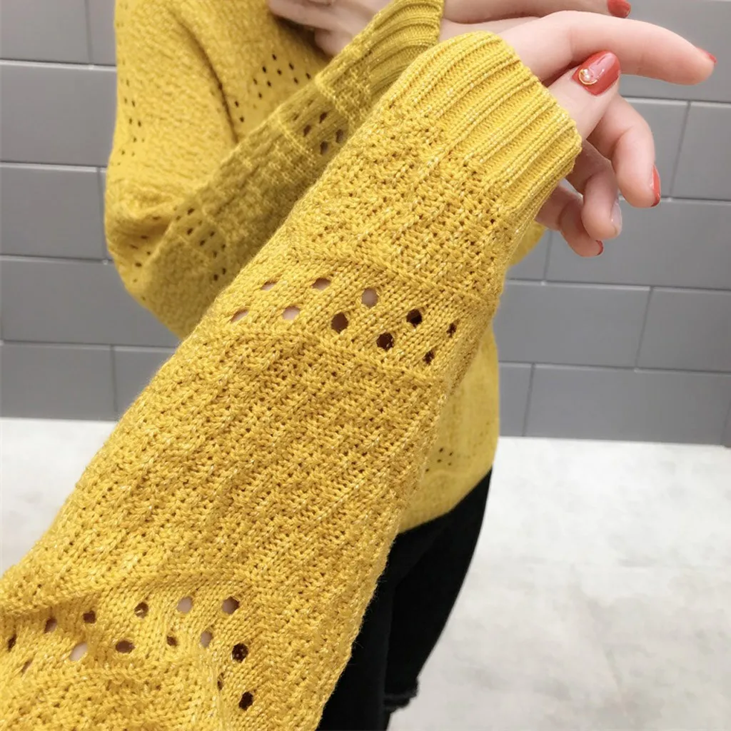 Jaycosin Fashion Women Casual Simple Long Sleeve Knitting V-Neck Sweater Stylish Comfortable Bottoming Hollowed Out Sweater
