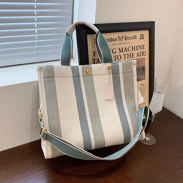 Fashion Striped Canvas Women Shoulder Bag Big Capacity Shopper Bags For Women Casual Wide Strap Handbag Women's Bag Commute Tote Green