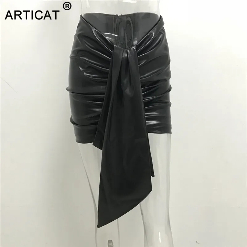 Articat высокая талия сексуальные юбки из искусственной кожи женские черные капли драпированный обтягивающий короткая юбка-карандаш осенняя молния вечерние Клубное платье