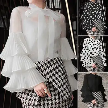 

Stylish Celmia Oversized Polka Dot Women Top Blouss Casual Bow See Through Sexy Shirt Long Sleeve Ruffles Plus Size Blusas 5XL 7