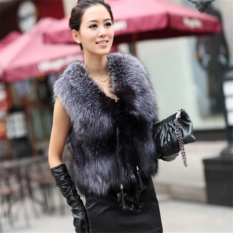 Fashion leather wool vest fox strip short vest suede silver fox vest