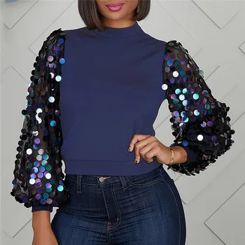 

Women Mesh Sequins Sparkly Tops Patchwork Fashion Club Shirts Long Lantern Sleeve Autumn Clothes Vogue Glitter Shirt V27