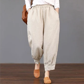 

Casual Linen Plus Size Mid Waist Women Pants 2020 Summer Pants Women Pockets Solid Color Loose Elastic Waist Wide Leg Pants