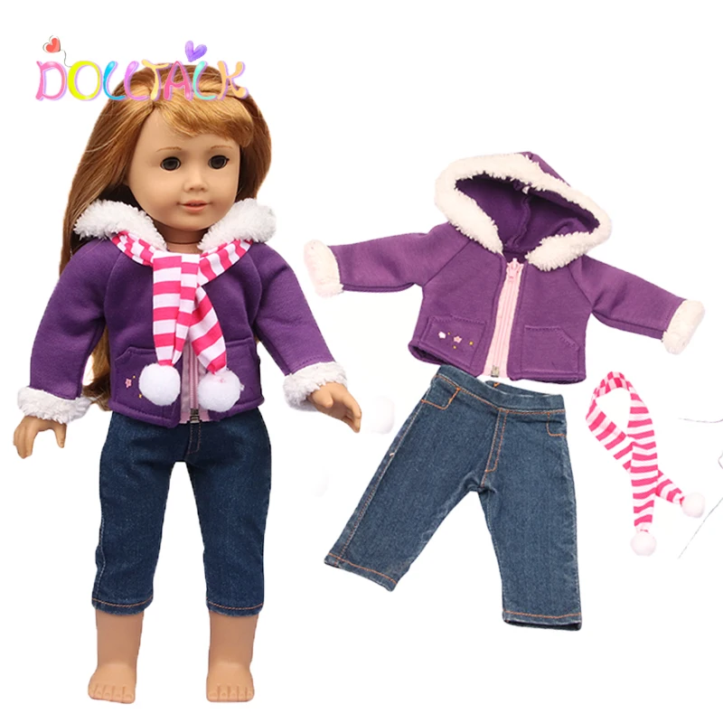 

Winter Unisex 18 Inch American Doll Clothes Suit+ Pant+Scarf /Set Personalized Purple Plush Jacket For 1/3 Bdj Our Generation