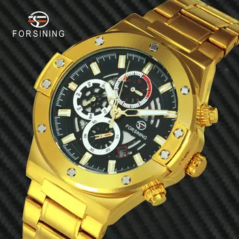 

FORSINING Luxury Dress Automatic Watch Men Fashion Creative Chronograph Watches Gold Stainless Steel Strap Mechanical Wristwatch
