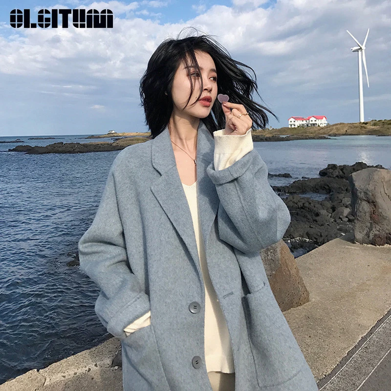 Элегантное зимнее женское модное пальто теплое шерстяное большого размера