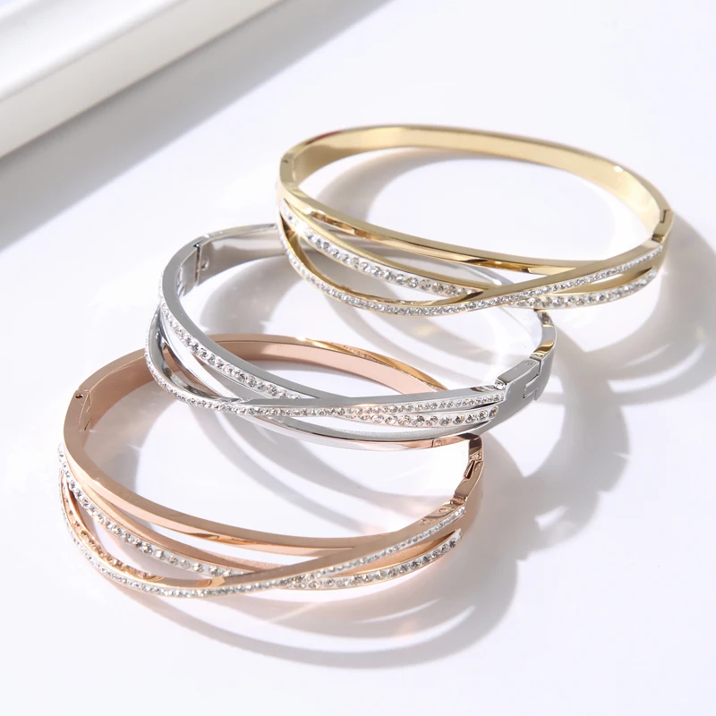 Hollow Cross CZ Crystal Stainless Steel Bracelets Bangles Women Girls Bangle Jewelry Cuff Bracelet Gift