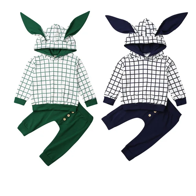 Focusnorm 0-24M Autumn Baby Boy Girl Clothes Set Print Ears Plaid Sweatshirt Tops Long Pants Girl Autumn Outfit Tracksuit