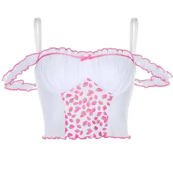 

Women Spaghetti Strap Ruffles Crop Top Strawberry Mesh Patchwork Slim Camis Vest