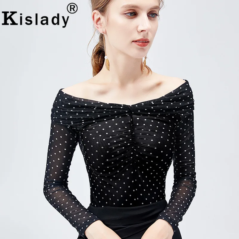 Kislady женские Модные Slash шеи Соблазнительная прозрачная из тюли в горошек, Модный комплект Топ изящная обувь из органической кожи; черная футболка готика, Харадзюку Костюмы