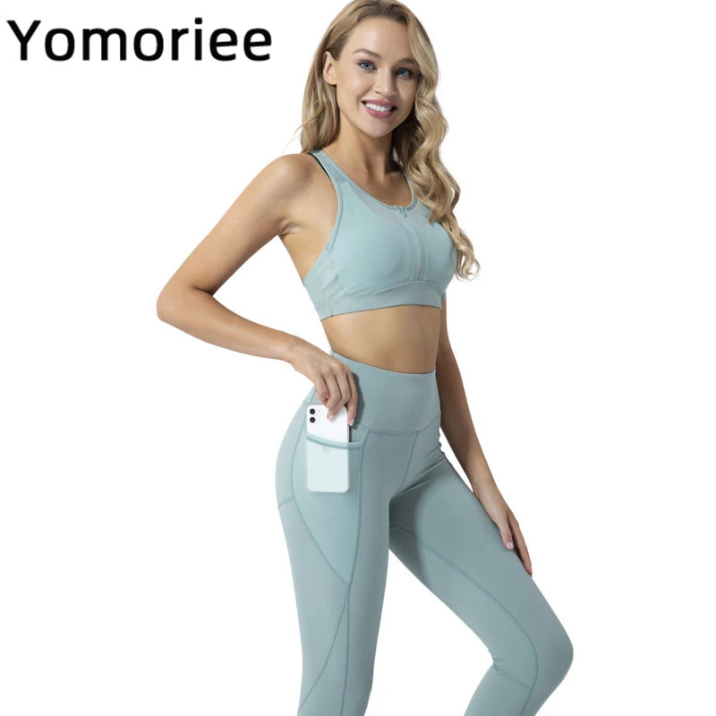 

Sets Womens Outfits Gym Sport Workout Running Training Yoga Set Sexy Seamless Zipper Packets Bra & Pants Suit Athletic Yomoriee