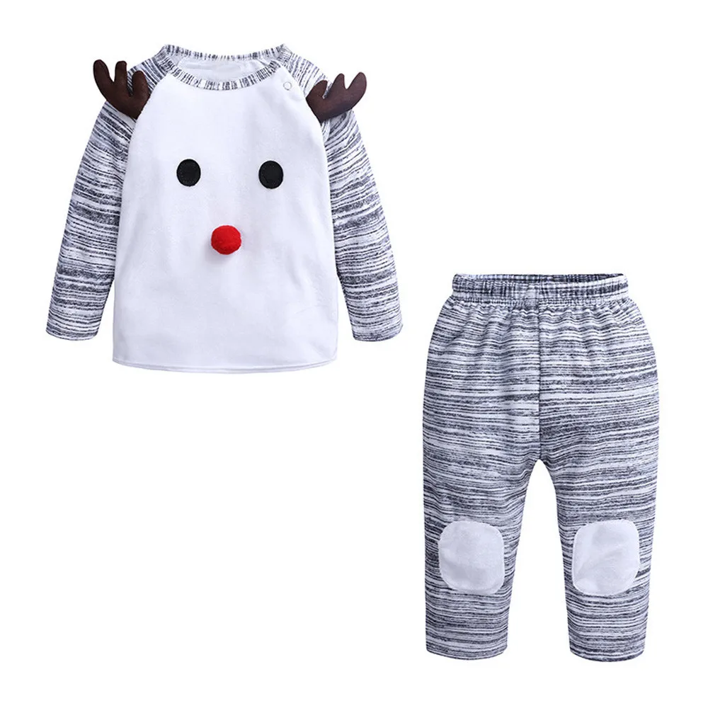 Детская Рождественская футболка с длинным рукавом и рисунком оленя в стиле пэчворк для новорожденных мальчиков и девочек+ штаны Зимняя теплая одежда