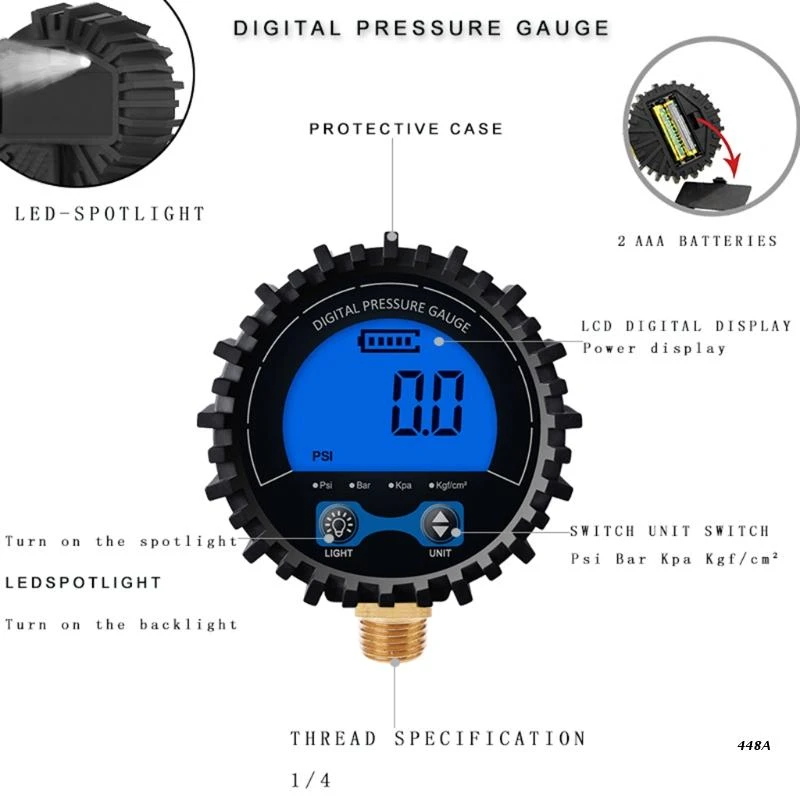 Dial Size Digital Pressure Gauge 0-200 Psi/kpa/bar/kgf Cm² Lower Mount Led  Light Display 1/4'' Npt Mount Professional - Pressure Gauges - AliExpress