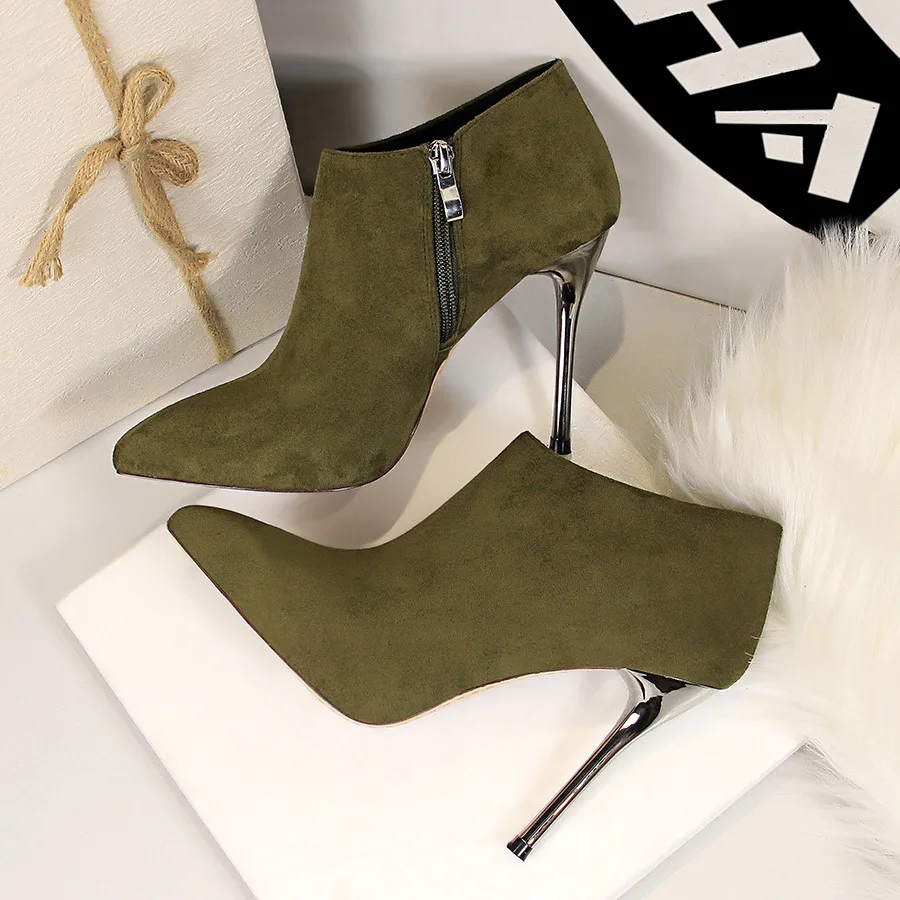 

Fashion Flock Ankle Thin Heel Boots Women Autumn Winter Simple Pointed Toe Zip 10.5CM High Heels Pumps Ladies Club Short Booties