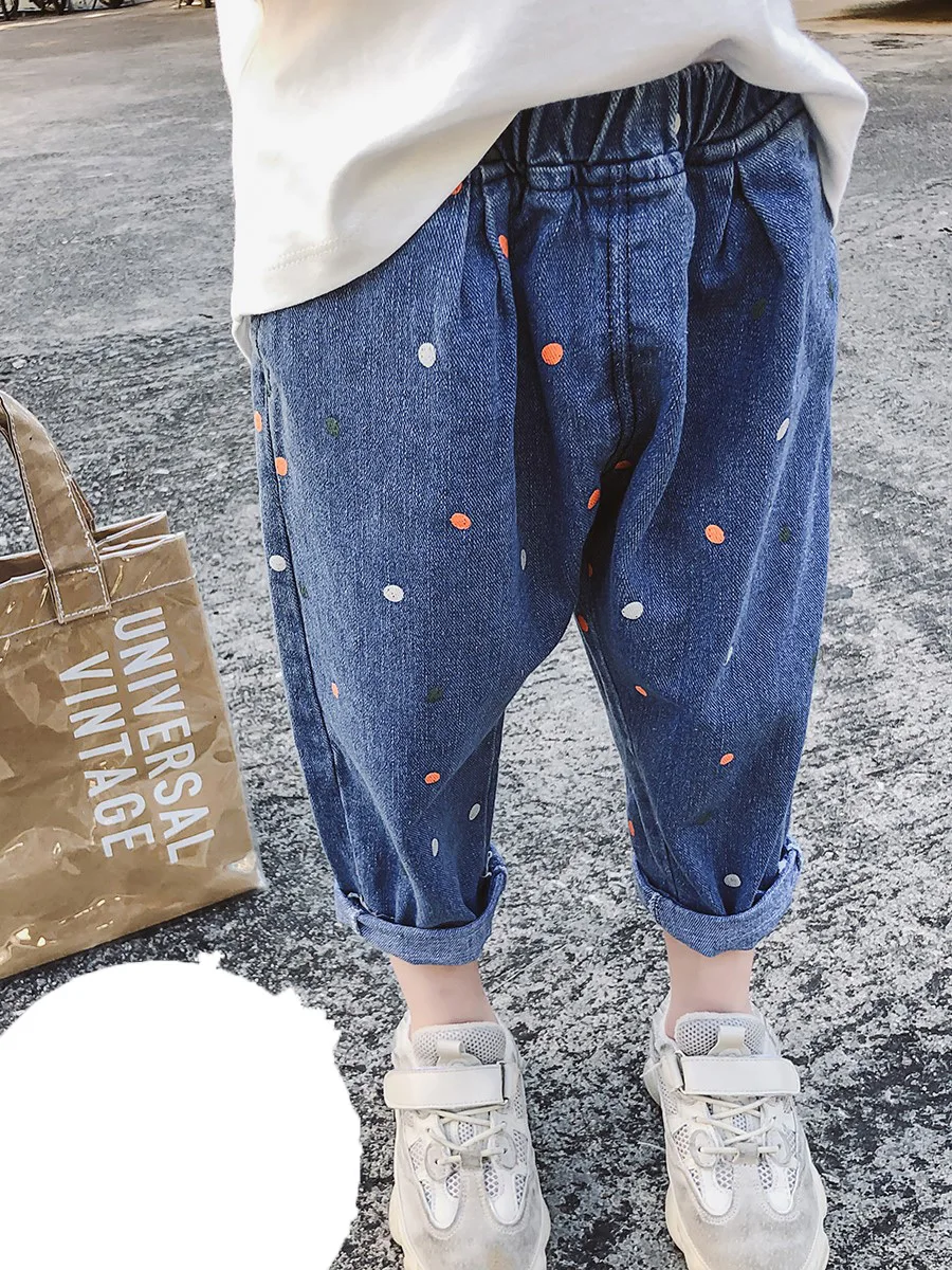 

Spring New girl Geans Baby Trousers Paint Dots Little Girl Casual Pants Loose PP Children's Pants