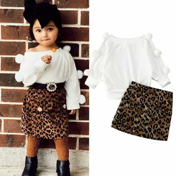 

2-7Y Toddler Baby Girl Kids Clothes Sets Long Sleeve Pullover Sweater Wool Ball Tops Leopard Print Skirt