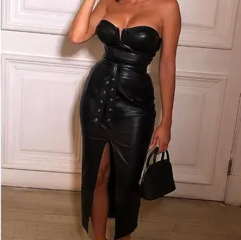 

Women's Leather Split Long Dress Black High Waisted Belt Faux PU Rivet Women Tube Dresses 2019 Autumn Winter Skinny Clothes