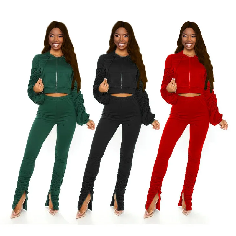 

Women Stacked Sweatsuit Set Hooded Track Jacket Ruched Slit Flare Pants Active Tracksuit Two Piece Set Fitness Outfits