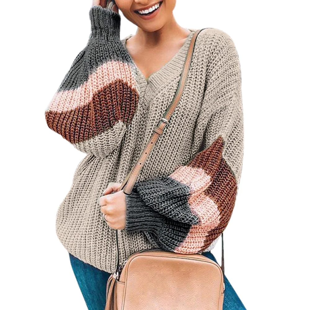 LASPERAL V образным вырезом размера плюс женский осенний свитер зимний лоскутный свободный фонарь рукав Уличная полосатый джемпер женский пуловер