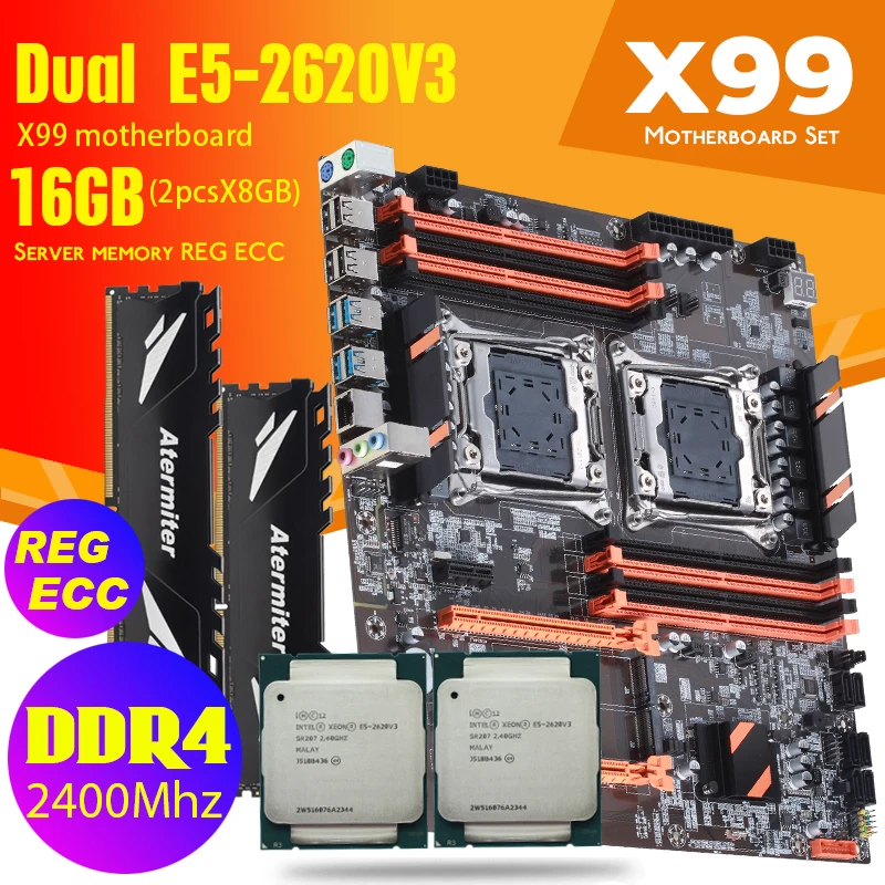 Материнская плата DDR4 Dual X99 с 2011 3 XEON E5 2620 V3 * 2 2*8 ГБ = 16 Гб 2400 МГц REG ECC Память RAM