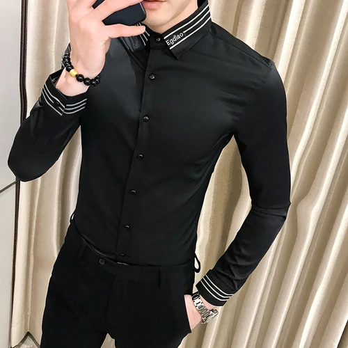 Мужские белые рубашки британские Vestido Camisa с длинными рукавами рубашки для мужчин осенние вышитые мужские ретро рубашки Бизнес Тонкий платье - Цвет: Черный