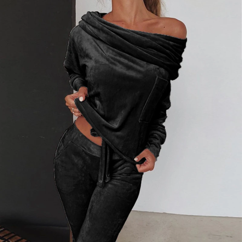 

New Velvet Womens Sets Slash Neck Top Long Pants Warm Women Tracksuits Autumn Winter Two Piece Sets Casual 2 piece Outfits GV961