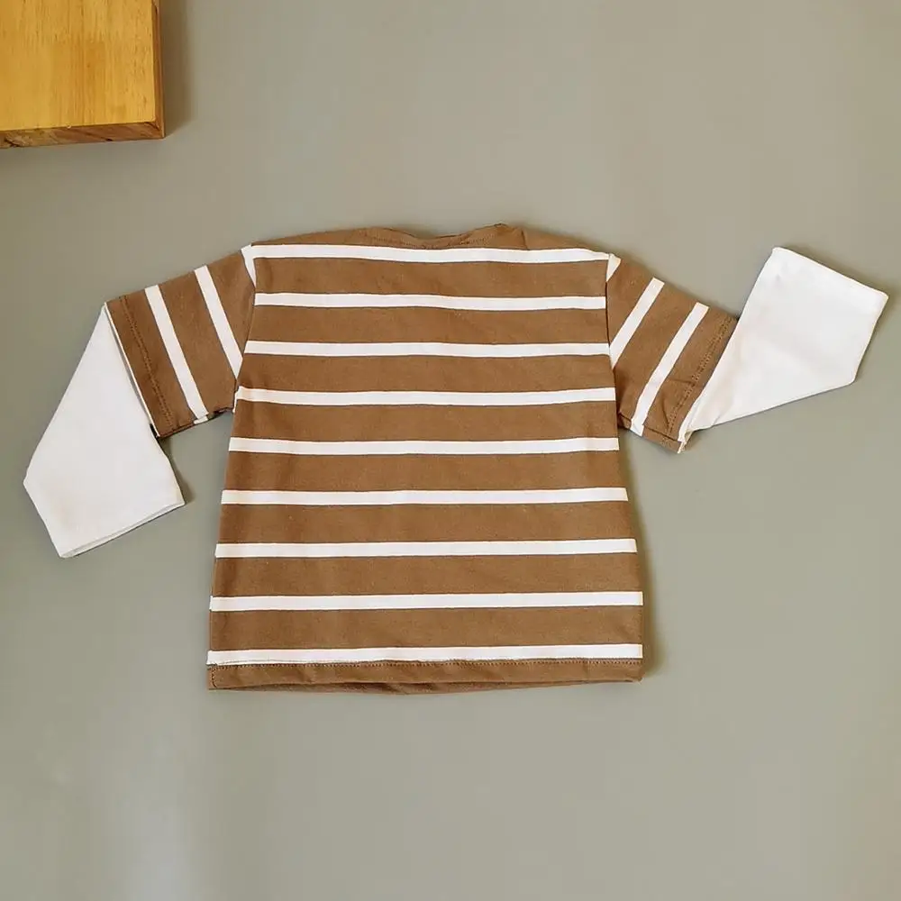 Brown Stripes Long Sleeve Polo-Shirt for Kids Boy Autumn Cotton Tops