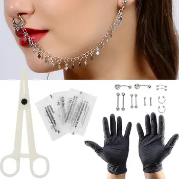 

Disposable Piercing Kit Silver Nose Piercing Rings Tongue Nose Belly Button Body Jewelry Piercing Rings Clamp Gloves Needles Too