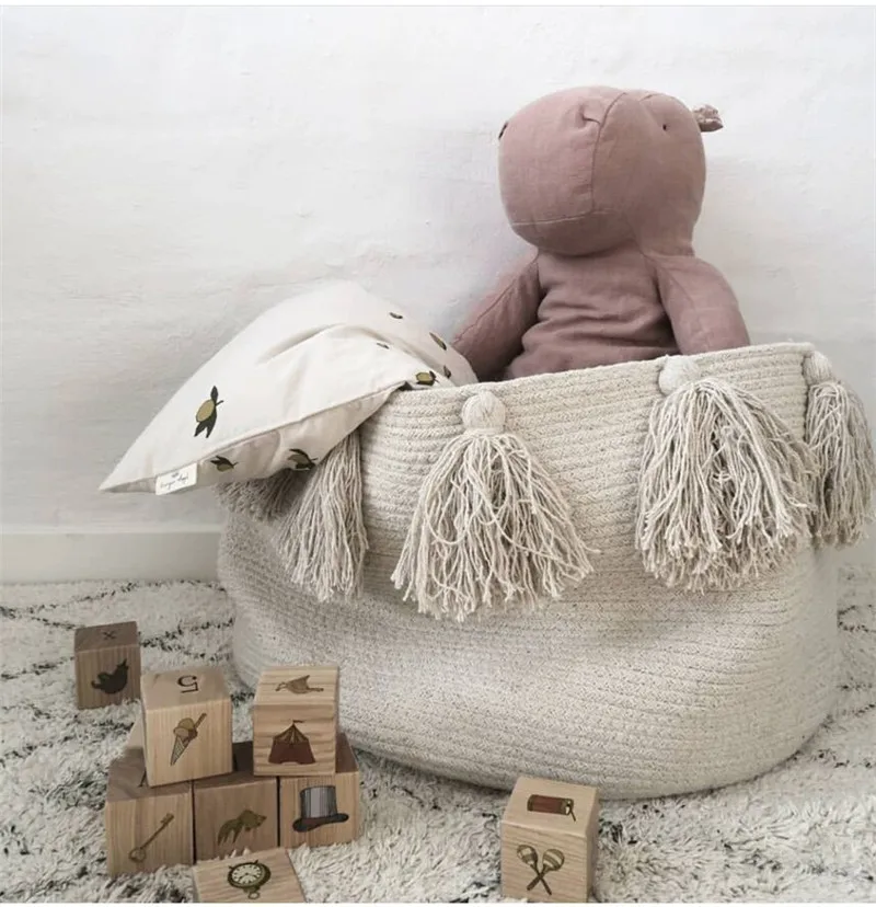 Nordic cotton rope woven tassel storage basket baby diaper storage box laundry basket Storage of toys for children